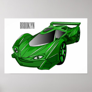 Grönt sportbil med flygplansillustration poster