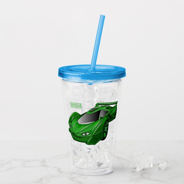 Grönt sportbil med flygplansillustration take away mugg (Baksida Ice)
