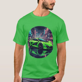 Grönt sportbil på Rainy Neon Street T Shirt