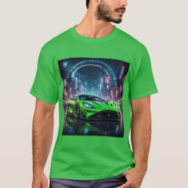 Grönt sportbil på Rainy Neon Street T Shirt