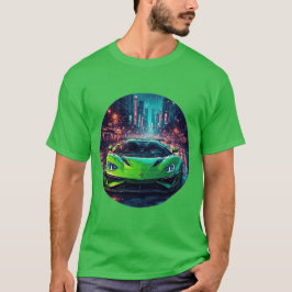 Grönt sportbil på Rainy Neon Street T Shirt