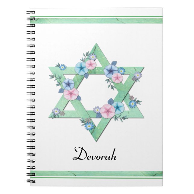 Grönt Star of David med pastellblommor journal Anteckningsbok (Framsidan)