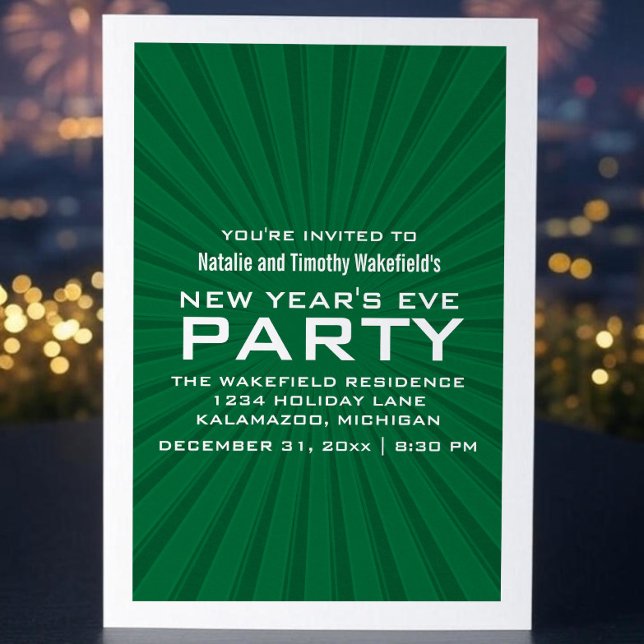 Grönt Starburst Rand - nyår för Inbjudan i Party (Green Starburst Stripes New Years Party Invite)