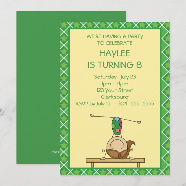 Grönt Stars Stick figur Gymnastics Födelsedagsfest Inbjudningar (Fram/baksida)