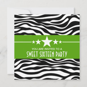 Grönt Stars Zebra tryck Sweet 16 Inbjudan