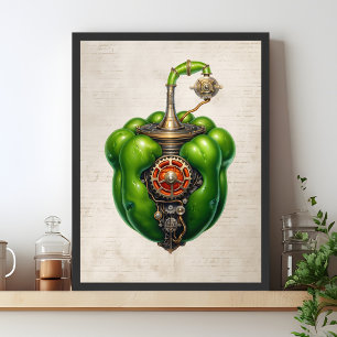 Grönt Steampunk Bell pepparväggkonst, köks- Poster