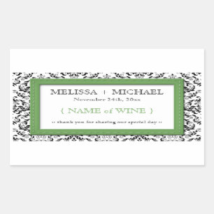 Grönt Stitched Damask Wedding Vin-etiketter Rektangulärt Klistermärke