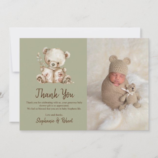 Grönt Storybook Bear Photo Baby Shower Tack (Framsida)