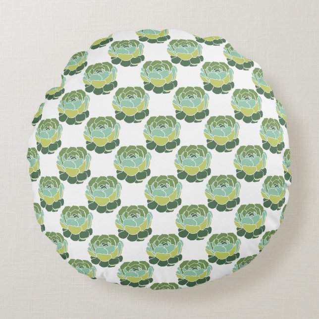 Grönt Succulary Plant Mönster Boho Round Pillow Rund Kudde (Framsidan)