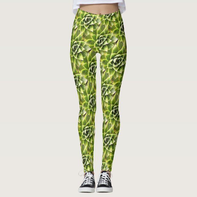 Grönt Succulated Close Cacti Art Leggings (Framsida)