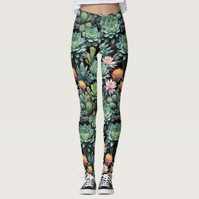Grönt Succulations och Blooming Cactus Flowers Bla Leggings (Framsida)