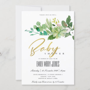 GRÖNT SUCCULENT FOLIAGE WATERCOLOR BABY SHOWER INBJUDNINGAR