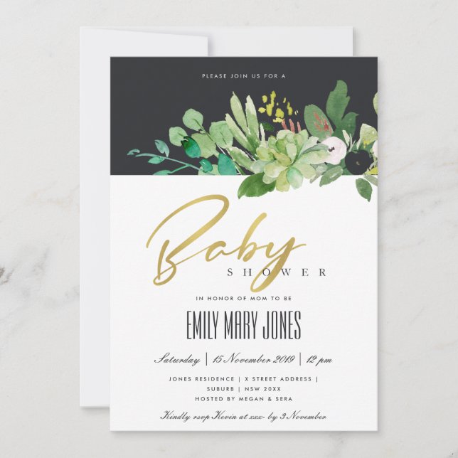 GRÖNT SUCCULENT FOLIAGE WATERCOLOR BABY SHOWER INBJUDNINGAR (Framsida)