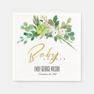 GRÖNT SUCCULENT FOLIAGE WATERCOLOR BABY SHOWER PAPPERSSERVETT