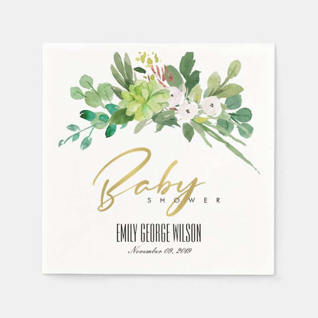GRÖNT SUCCULENT FOLIAGE WATERCOLOR BABY SHOWER PAPPERSSERVETT (Framsidan)