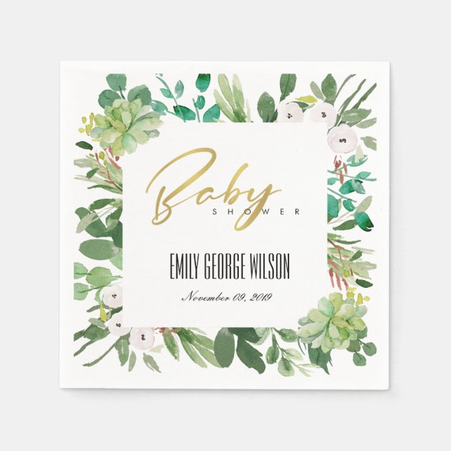 GRÖNT SUCCULENT FOLIAGE WATERCOLOR BABY SHOWER PAPPERSSERVETT (Framsidan)