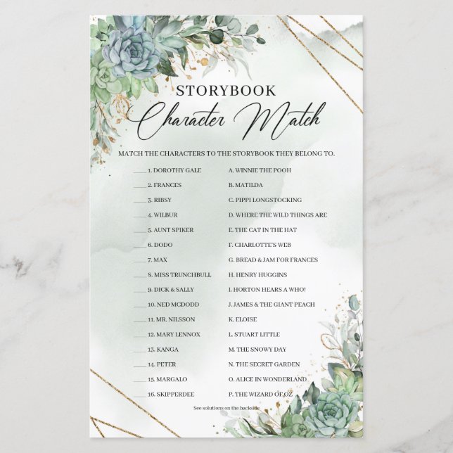 Grönt succulents blommor Storybook Character Match (Framsida)