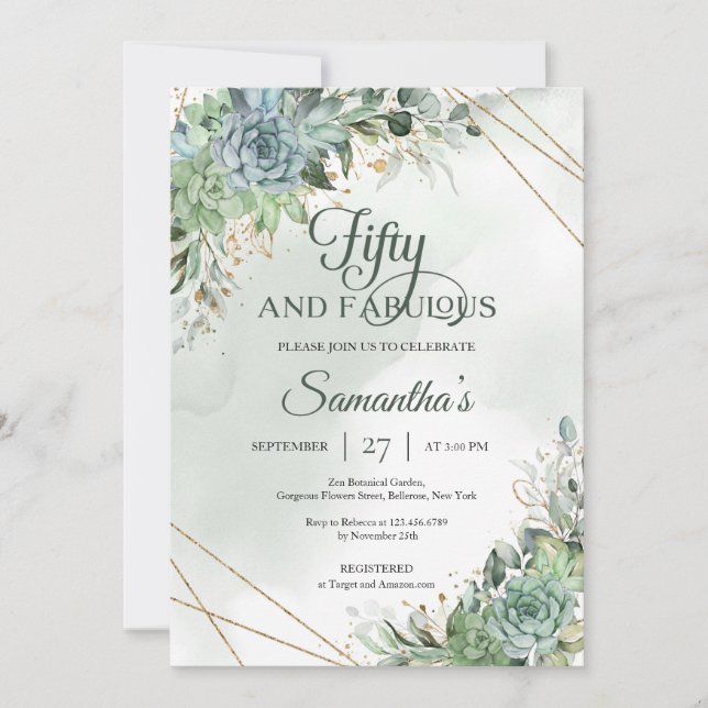 Grönt succulents eucalyptus faux guld 50: e invita inbjudningar (Framsida)