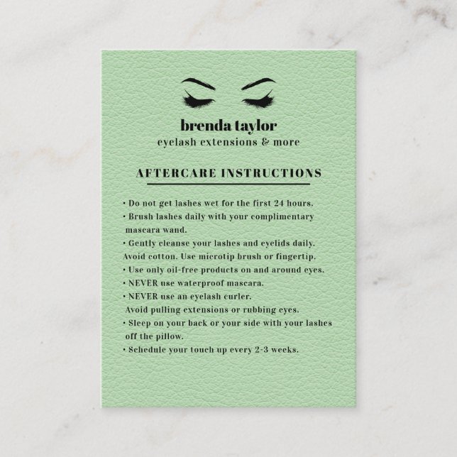 GRÖNT Suede Eyelash Browbar Aftercare Instructions Visitkort (Framsida)