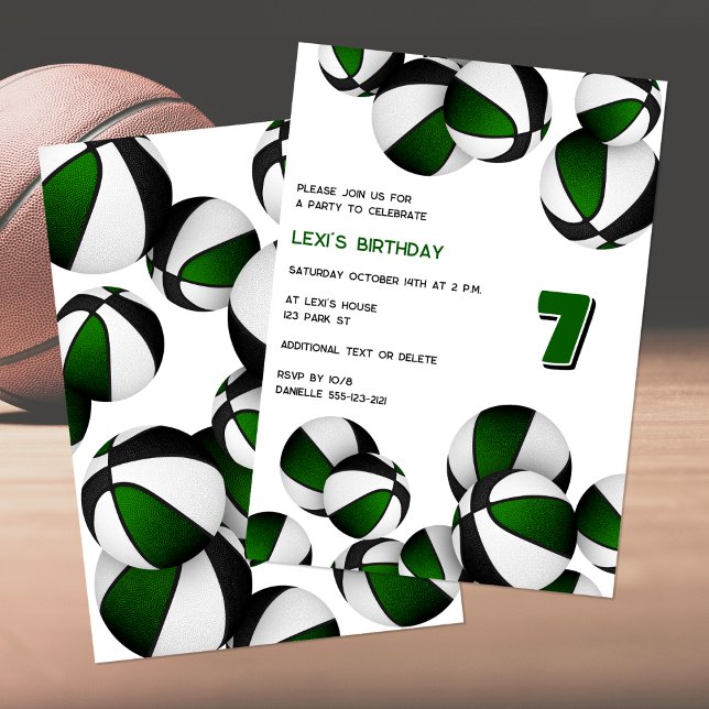 grönt Svart basketbollar Barns sportfödelsedag Inbjudningar (front & back views)