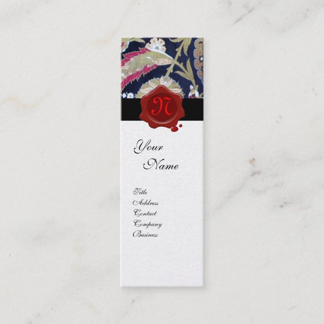 GRÖNT & SVART BLÅDAMASK, RÖD VAX-SÄALMONOGRAM MINI VISITKORT (Framsida)