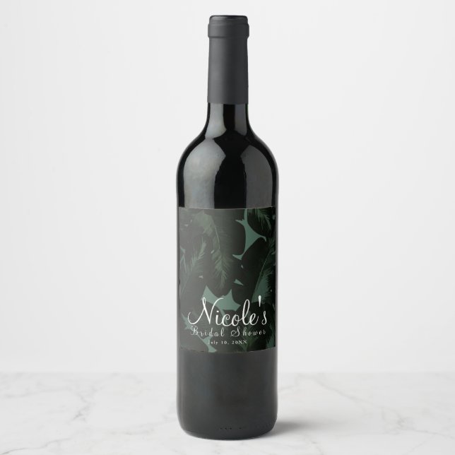Grönt & Svart Chic Tropicala blad Bröllopsvin Vinflaska Etikett (Framsida)