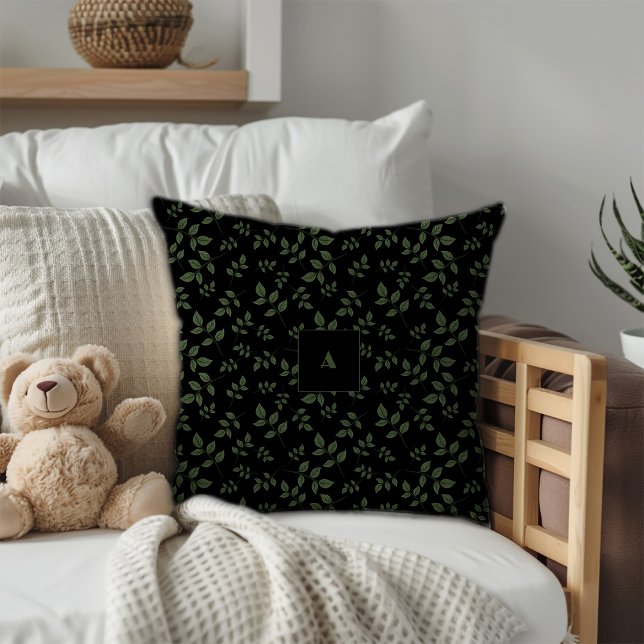 Grönt svart mönster blad monogram kudde (Skapare uppladdad)