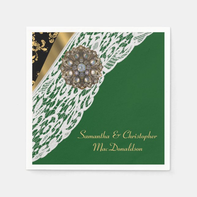 Grönt svart och guld vit snöre bröllop pappersservett (Framsidan)