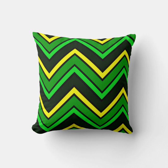 Grönt, svart och gult chevron zigzag kudde (Framsida)