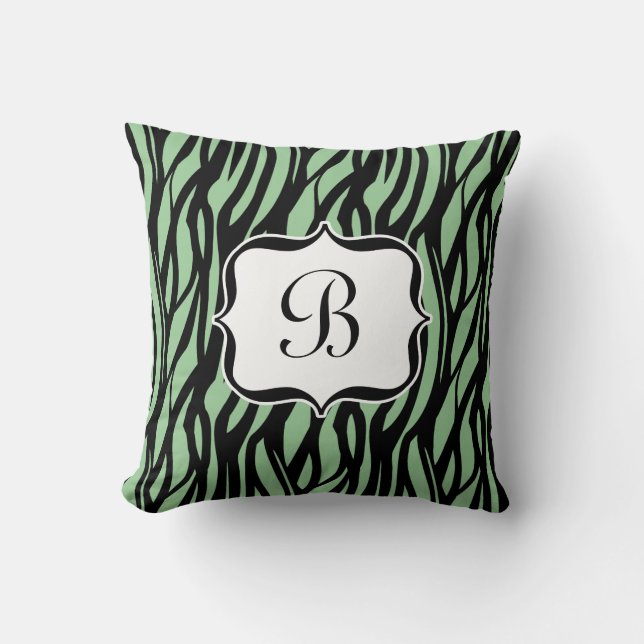 Grönt, svart och vit Zebra Monogram Cushion Kudde (Framsida)