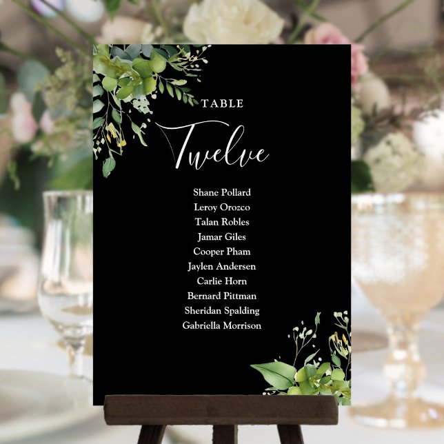 Grönt svart och vitt sittplatsschema Bordnummer Tack Kort (Greenery Black And White Seating Plan Table Number)