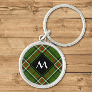 Grönt, svart, röd och vit tartan rund silverfärgad nyckelring