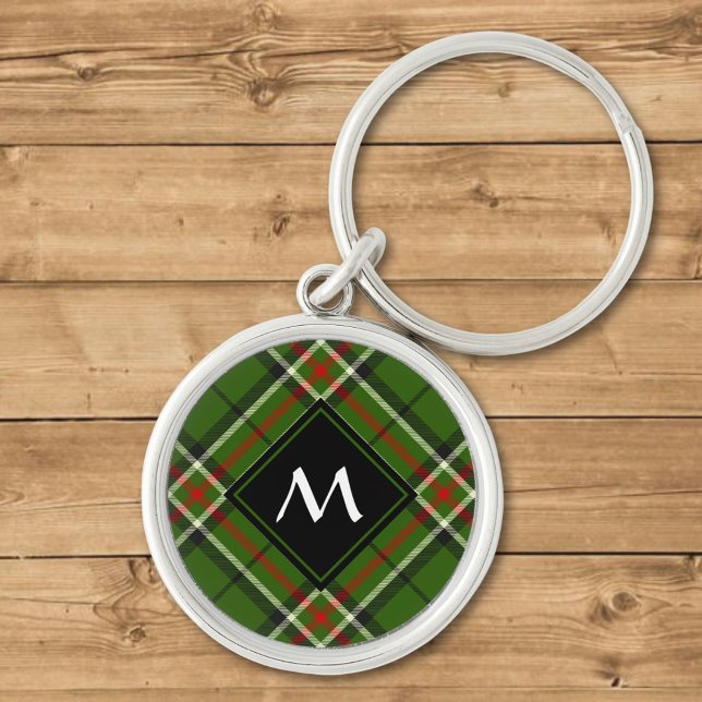 Grönt, svart, röd och vit tartan rund silverfärgad nyckelring (Skapare uppladdad)