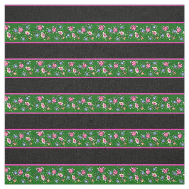 Grönt/svart, rosa pin rand, folklig blommigt tyg (Provkarta)