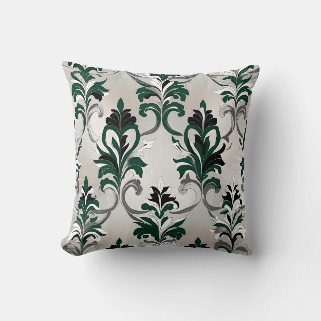 Grönt, Svarta, Vita och Silver Damask Stil Kudde (Framsida)