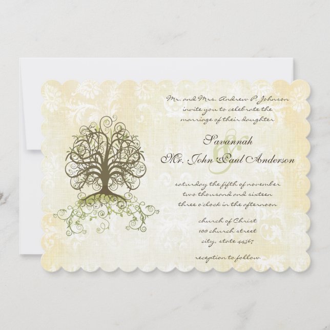 Grönt Swirl Träd Vintage Damask Inbjudningar (Framsida)