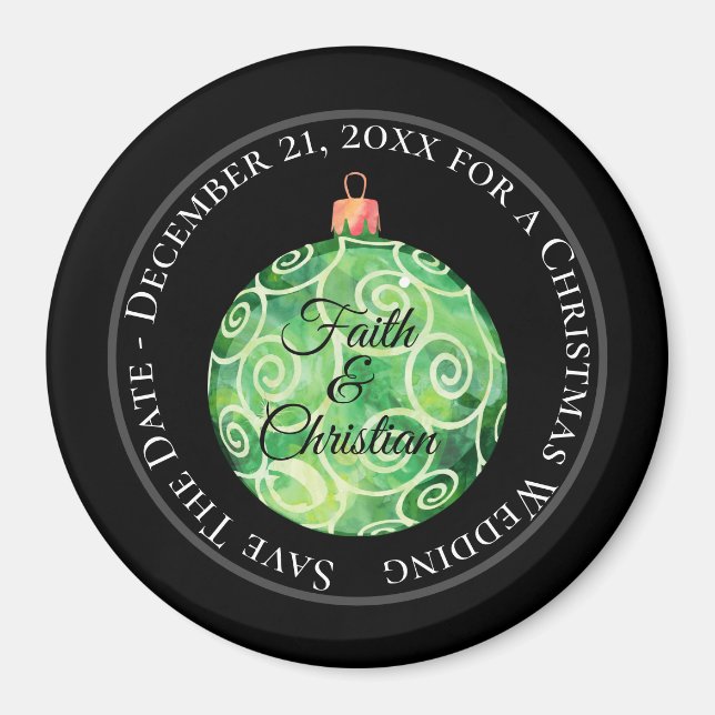Grönt Swirls jul Ornament/Spara datum Magnet (Framsidan)
