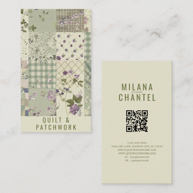 Grönt Syren Kvist Kuddvar Patchwork Handgjorda Klä Visitkort (Fram/baksida)