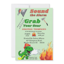 Grönt T Rex Firemans 4e födelsedagen Party-inbjuda