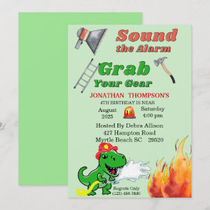 Grönt T Rex Firemans 4e födelsedagen Party-inbjuda Inbjudningar