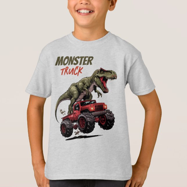 Grönt T-Rex Red Monster Lastbil Kids T Shirt (Framsida)