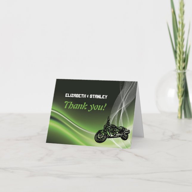 Grönt tack för vägbiker-/motorcykelbröllop kort (Framsida)