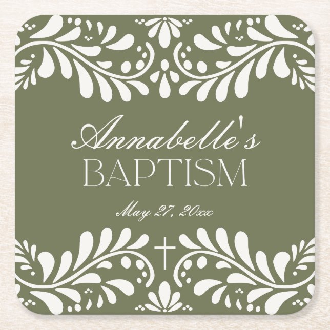 Grönt Talavera Tile Spansk Fiesta Baptism Underlägg Papper Kvadrat (Framsidan)