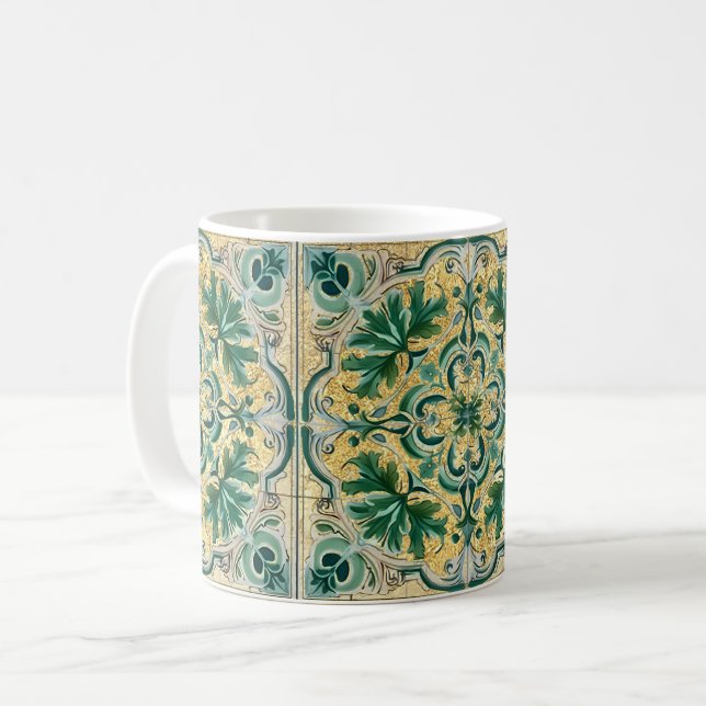 Grönt Tan Guld Se Talavera Azulejo Tile Kaffemugg (Framsida vänster)