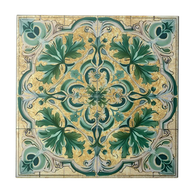 Grönt Tan Guld Se Talavera Azulejo Tile Kakelplatta (Framsidan)