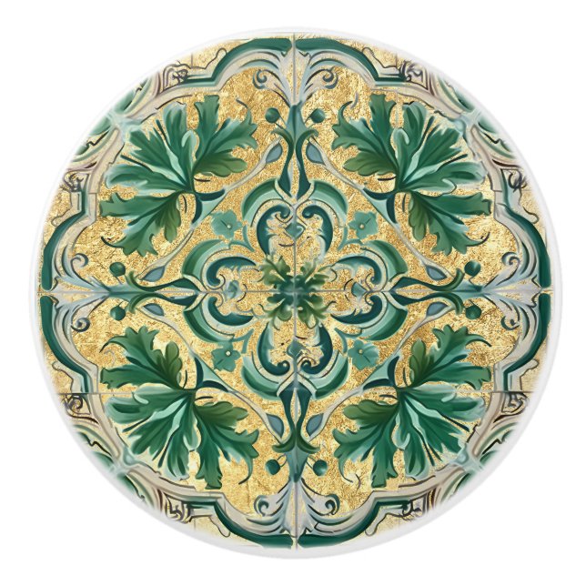 Grönt Tan Guld Se Talavera Azulejo Tile Knopp (Framsidan)