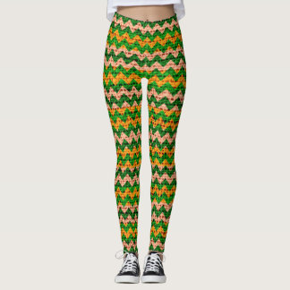 Grönt Tan Gult Chevron Mönster Burlap-utseende Leggings