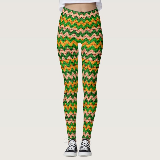 Grönt Tan Gult Chevron Mönster Burlap-utseende Leggings (Framsida)