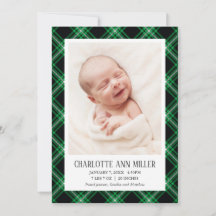 Grönt Tartan Baby Birth Announcement Photo Card