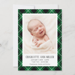 Grönt Tartan Baby Birth Announcement Photo Card Meddelande